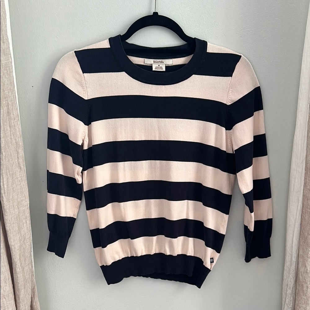 MICHAEL Michael Kors Silk-Blend Striped Sweater in Navy/Pink, Size M